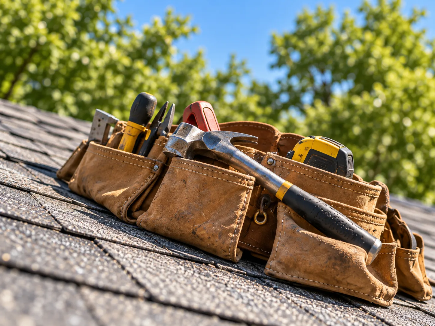 Leather tool belt and roofing tools resting on gray shingles